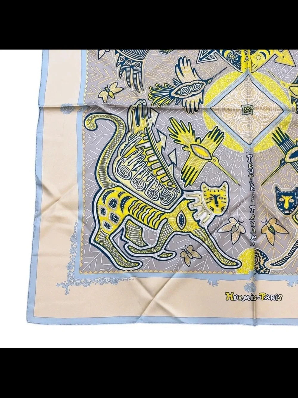Hermès Pale Blue, Yellow & Beige Bird Motif Silk Scarf